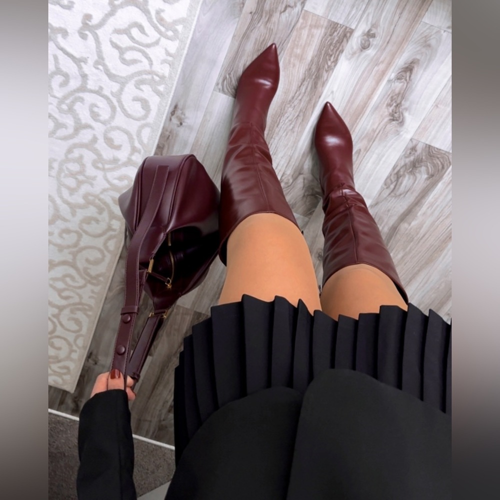 Burgundy maroon dark red wine knee high faux leather womens boots - Picture 3 of 14